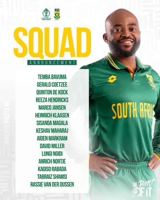 South Africa's 2023 World Cup Squad Revealed